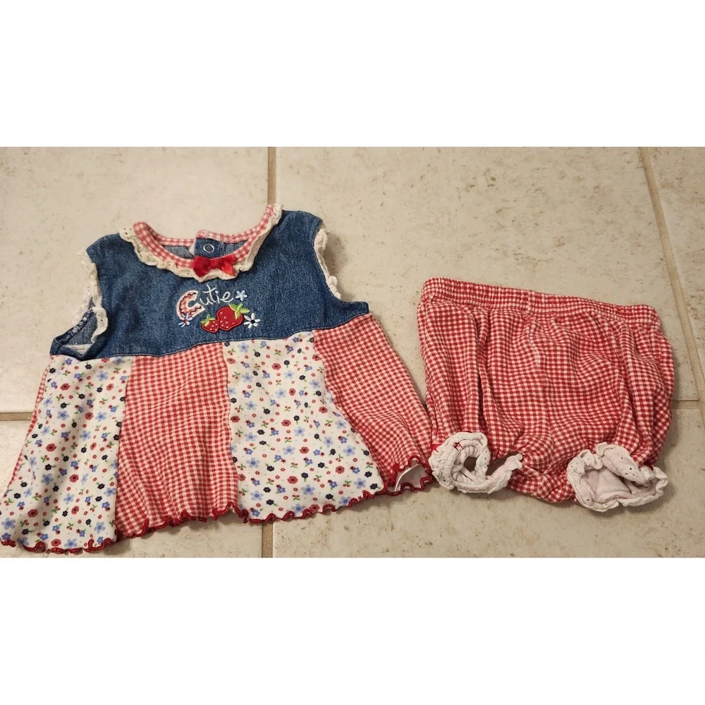Baby Girls 3-6 Months Denim Patchwork Gingham Strawberry Tunic and Bloomers Set